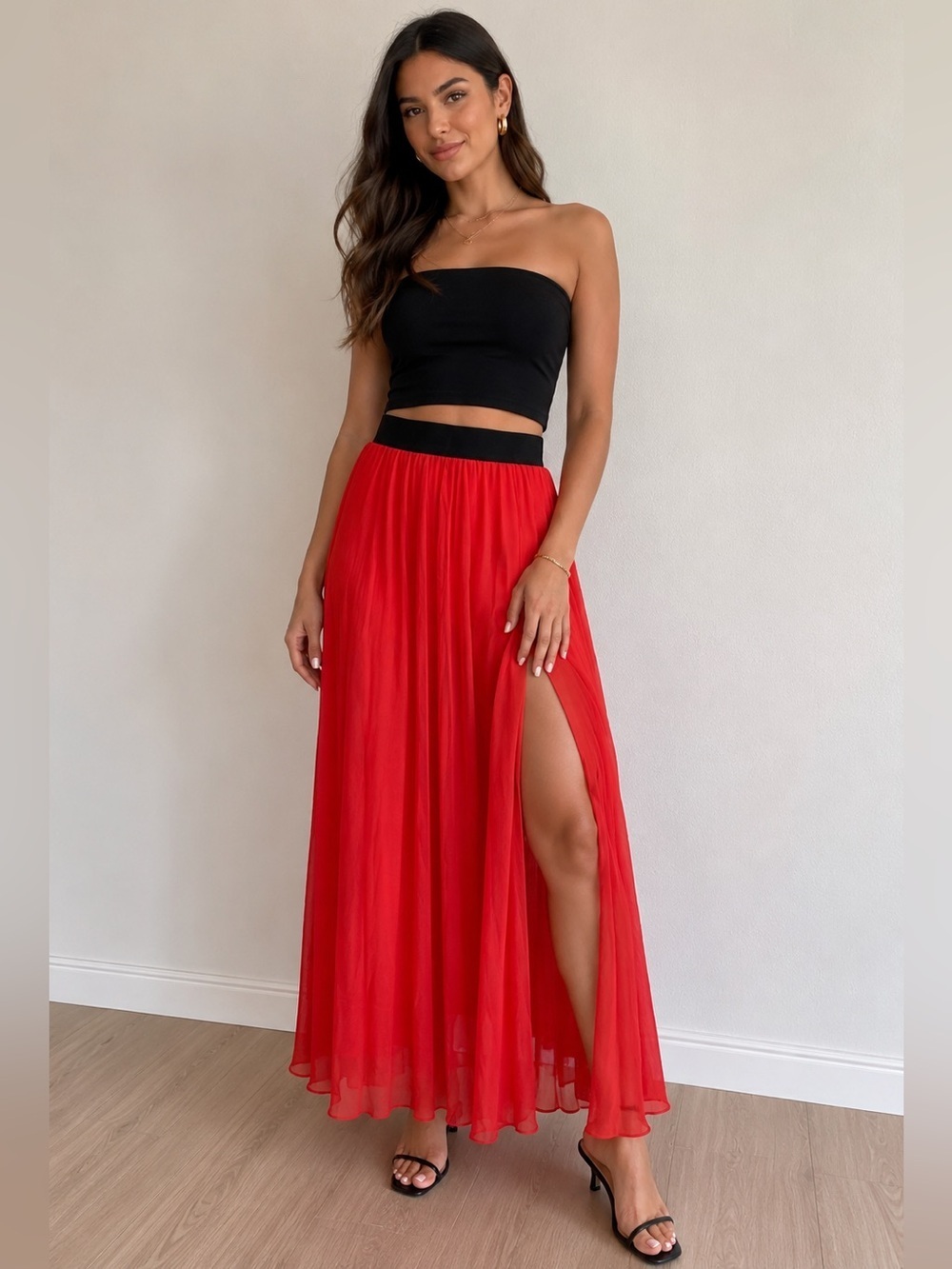 Bebe Maxi Skirt Women’s XS Dress Red Plated Side Slits Pleated Lined Mini B27